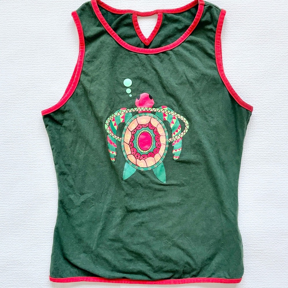 Vintage Tank Top Sea Turtle Graphic Ringer XS Green Red